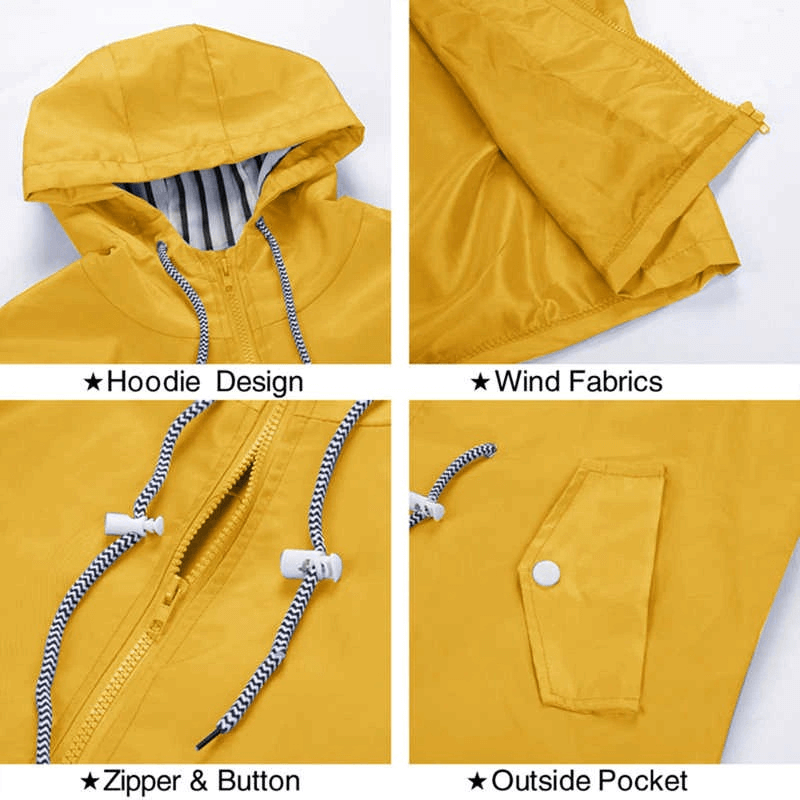 Yellow waterproof hooded rain jacket with windproof fabrics, showing details of hoodie design, zipper & button, and outside pocket.